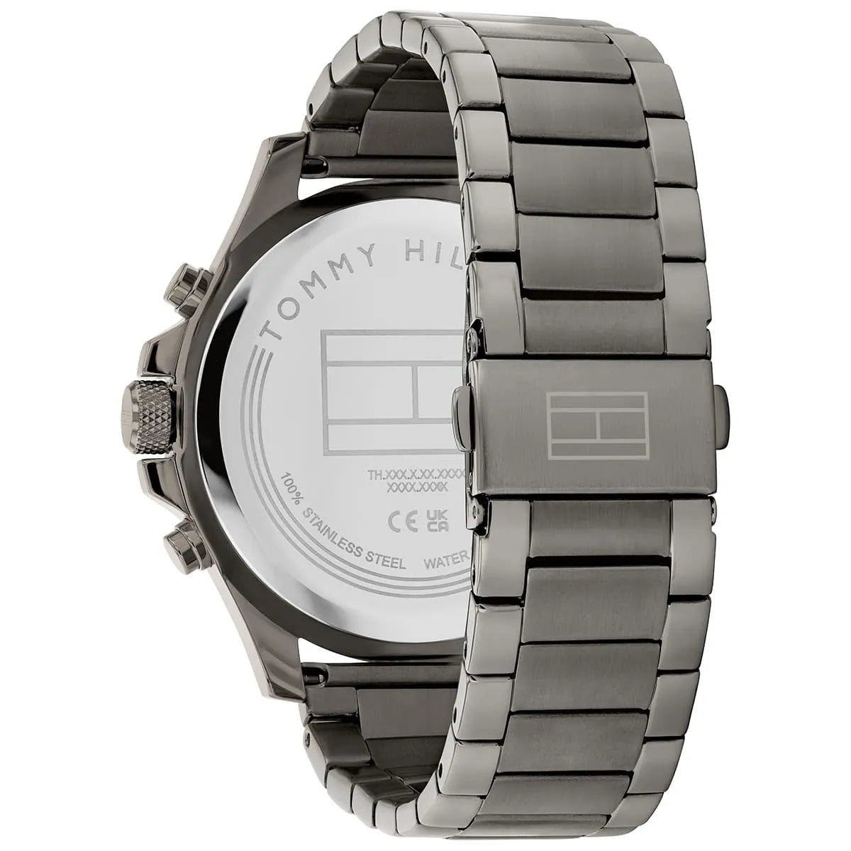 Case back of Tommy Hilfiger watch showing stainless steel caseback with branding and specifications