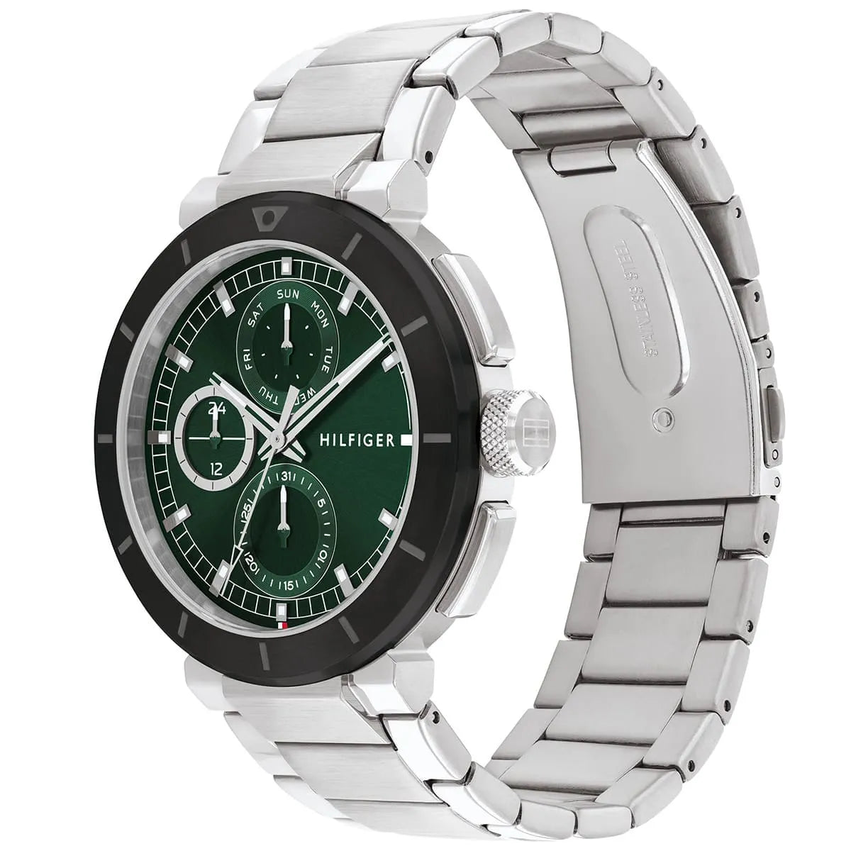 Angled view of Tommy Hilfiger Lorenzo watch showing green dial and silver metal bracelet