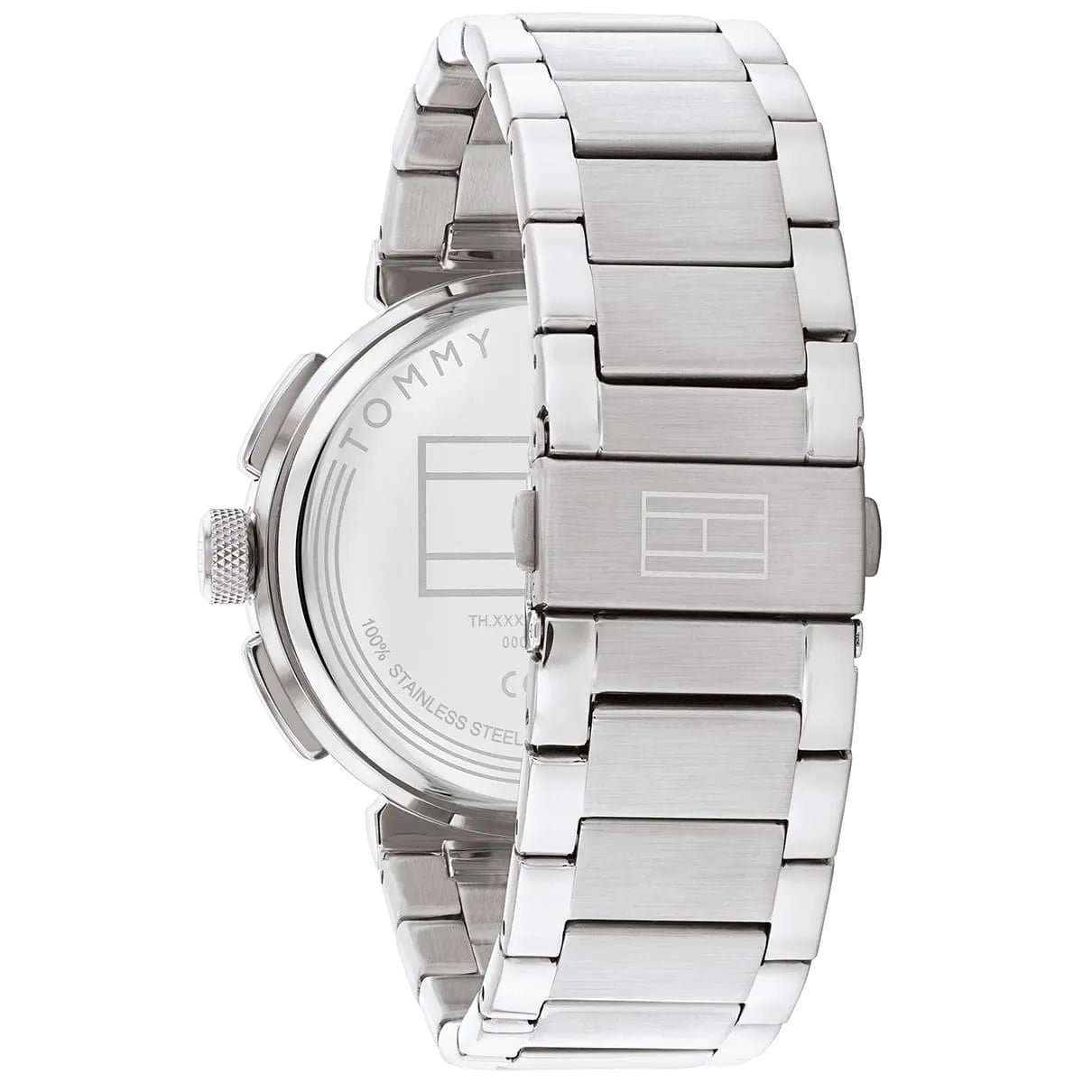 Side profile view of Tommy Hilfiger Lorenzo watch with stainless steel link bracelet