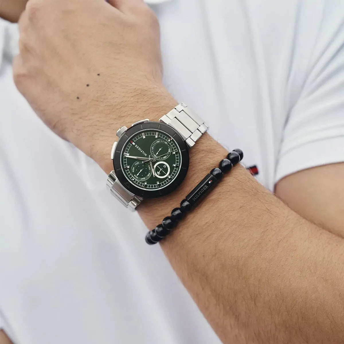 Tommy Hilfiger Lorenzo watch worn on wrist with casual bracelet accessory