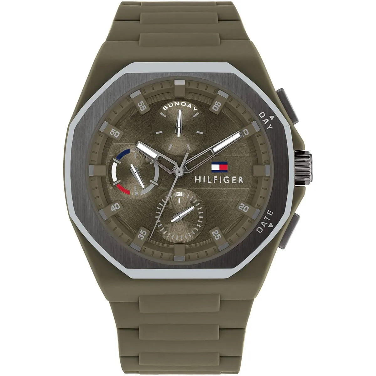 Tommy Hilfiger green dial multi-function men's watch with silicone strap and chronograph