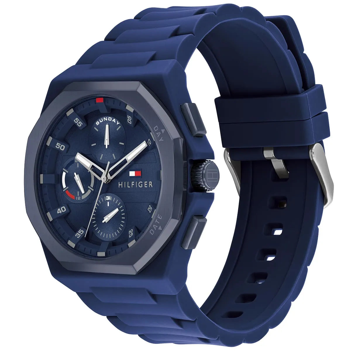 Tommy Hilfiger Neo watch angled view showing blue case and rubber strap with silver buckle