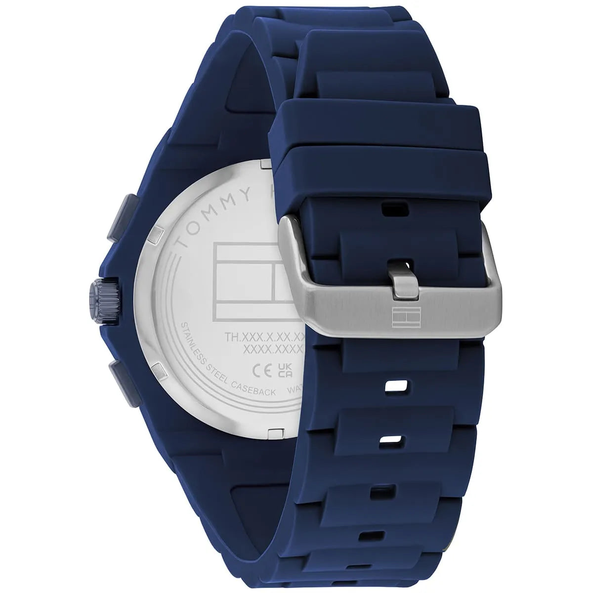 Tommy Hilfiger Neo watch caseback with engraved branding and blue rubber strap