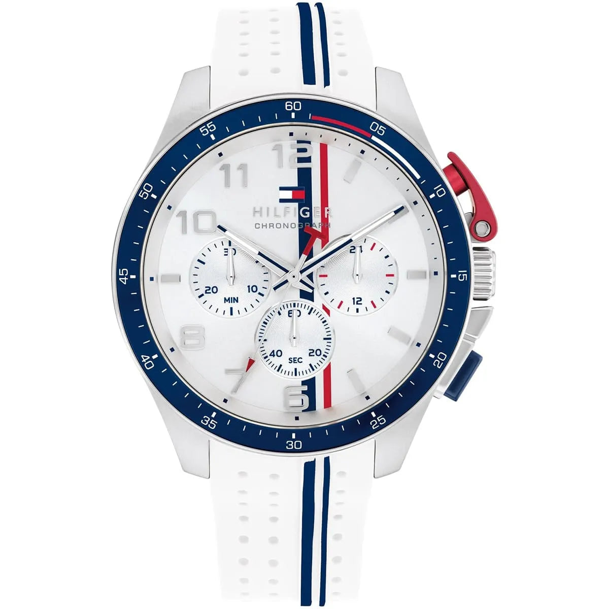 Tommy Hilfiger chronograph men's watch with white dial, white silicone strap, and navy bezel