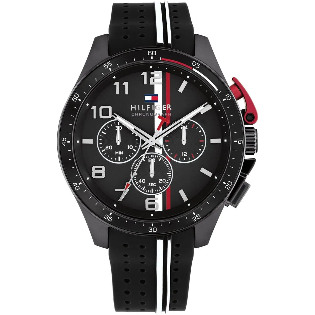 Tommy Hilfiger black chronograph men's watch with black dial and black silicone strap