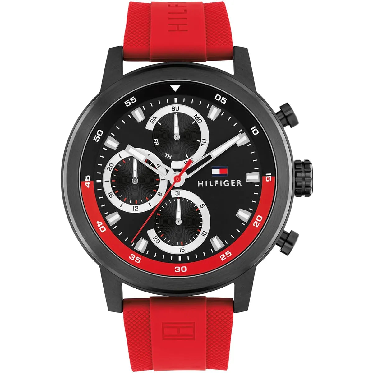 Tommy Hilfiger ROCKY men's watch with black chronograph dial, red rubber strap, and black case