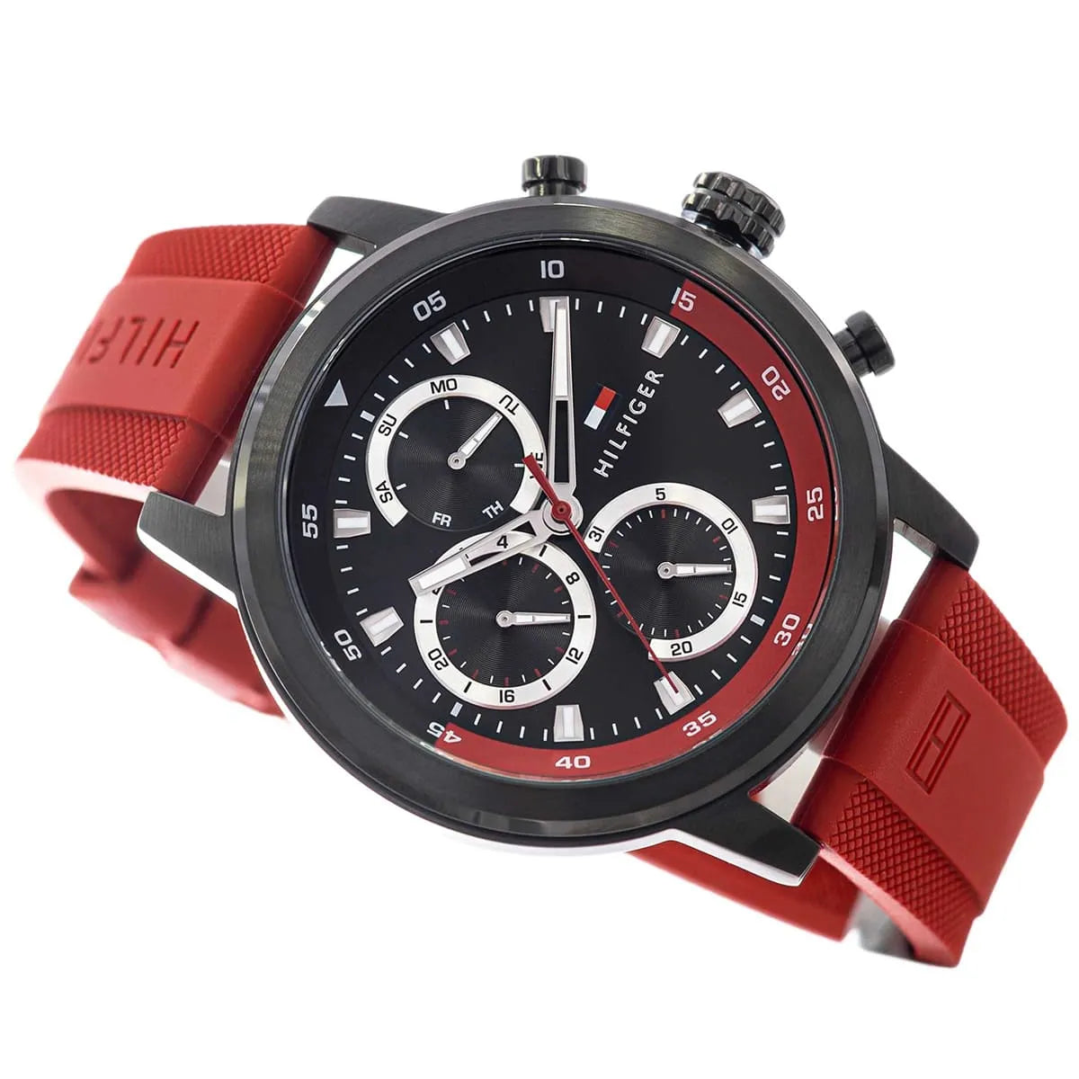 Tommy Hilfiger ROCKY chronograph watch overhead view with red rubber strap