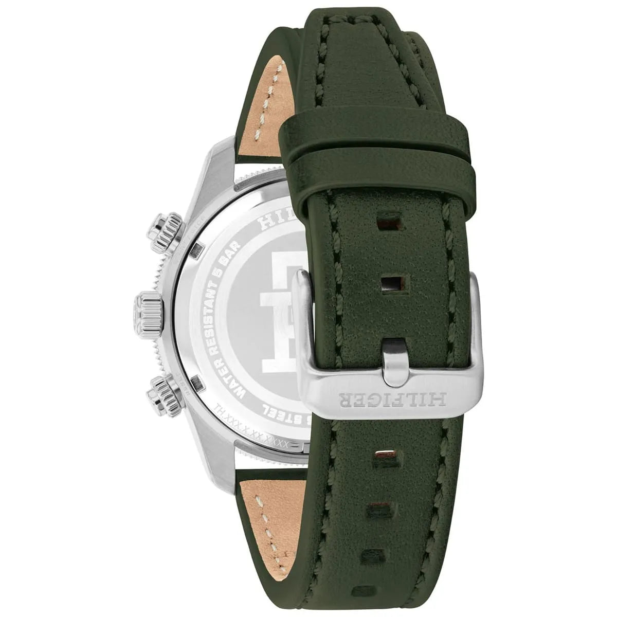 Green leather strap with tan underside and stitching detail on Tommy Hilfiger chronograph watch