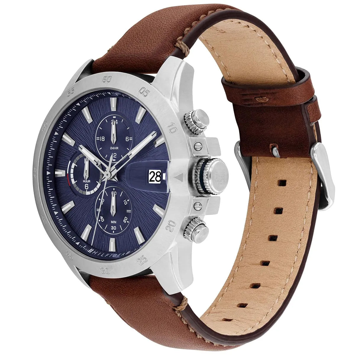 Tommy Hilfiger Jameson watch side profile showing white case, blue dial with chronograph complications, and brown leather strap