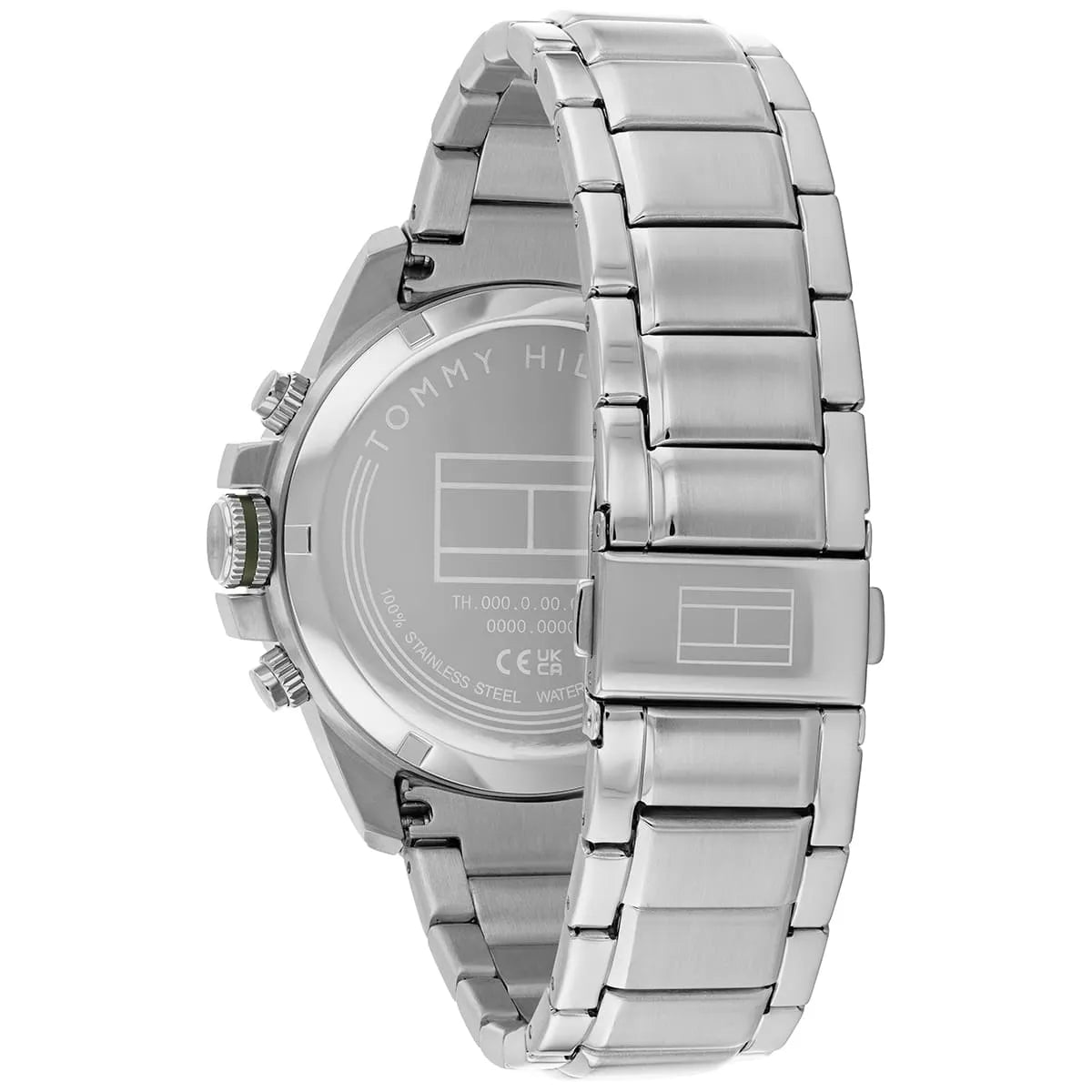 Case back view of Tommy Hilfiger Jameson watch showing stainless steel bracelet clasp