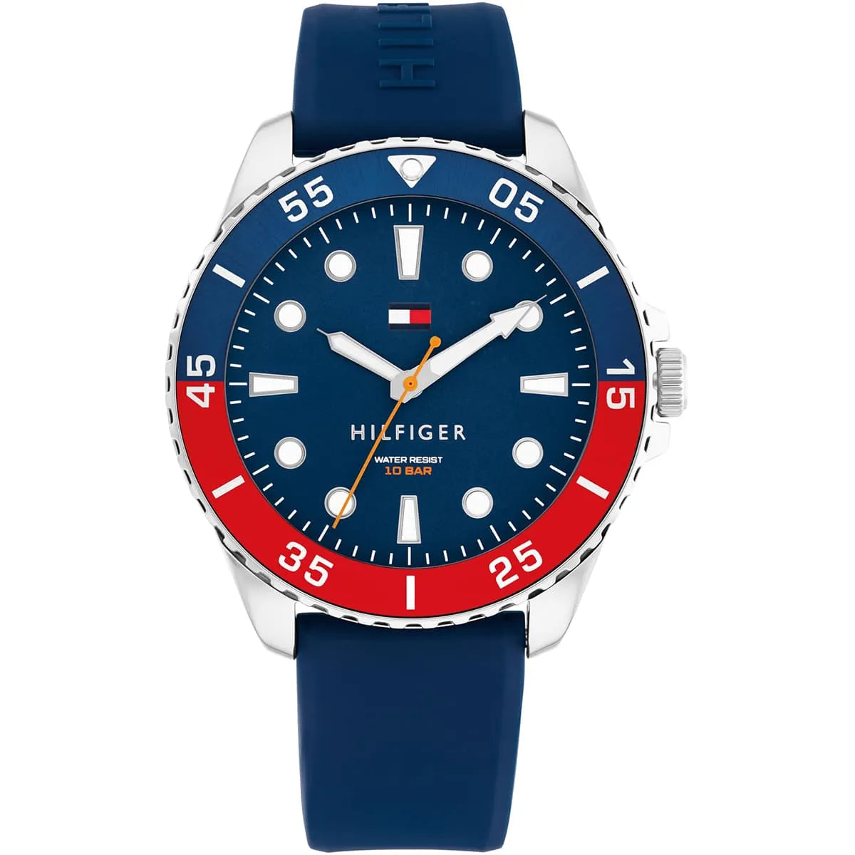 Tommy Hilfiger men's watch with navy blue dial, red and blue rotating bezel, white dial markers, and navy silicone strap