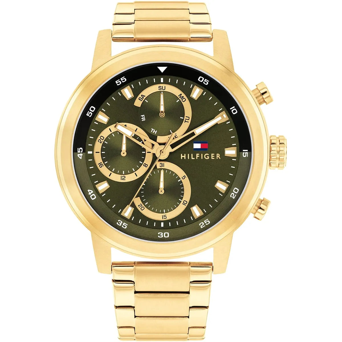 Tommy Hilfiger multifunction watch with green dial, gold-tone case and bracelet, chronograph subdials