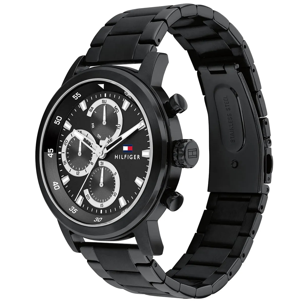 Side angle view of Tommy Hilfiger Rocky watch showing black metal bracelet and chronograph pushers