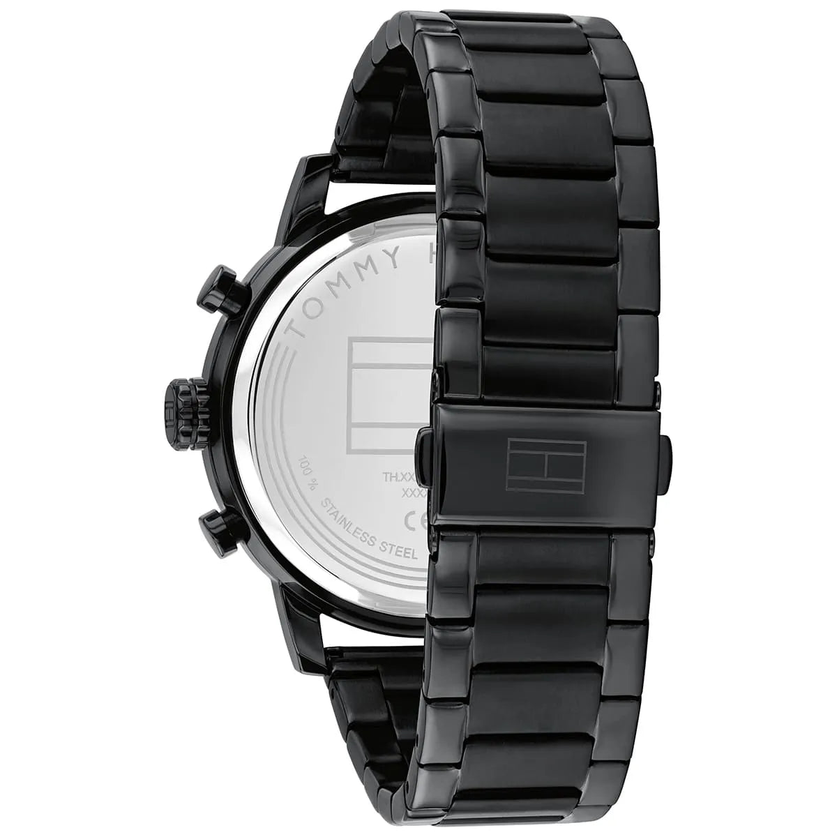 Caseback of Tommy Hilfiger Rocky watch displaying stainless steel back and bracelet