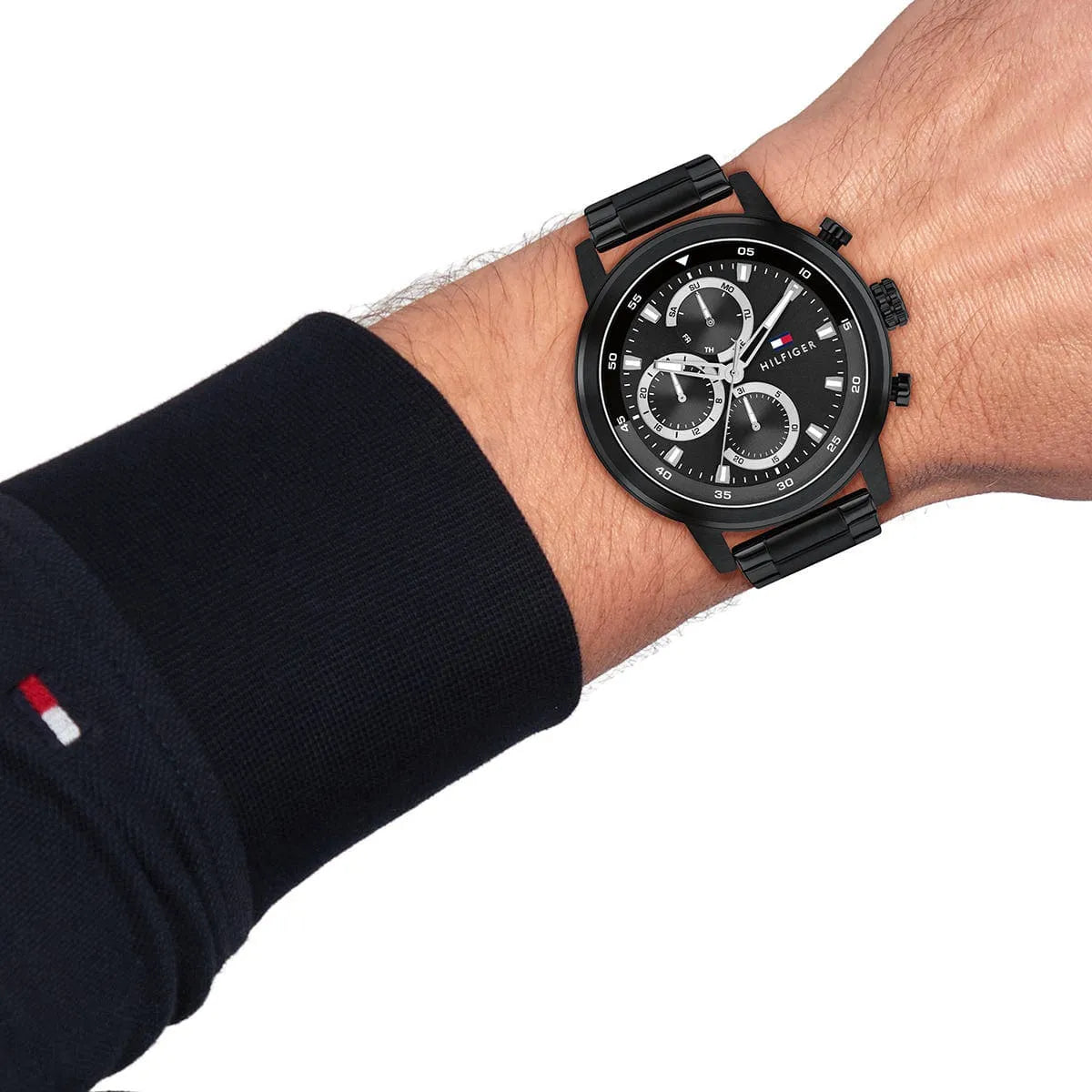 Tommy Hilfiger Rocky watch worn on wrist, black dial with chronograph subdials visible