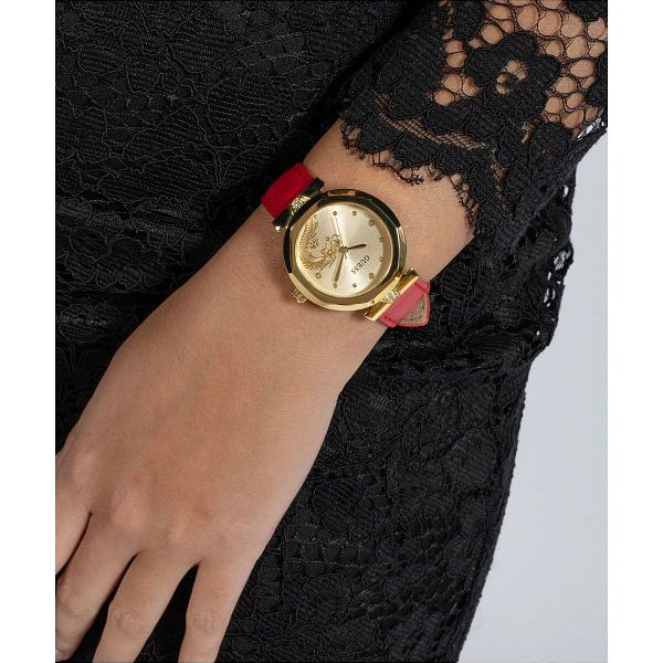 Guess Leather 34Mm Red Strap Champagne Dial Gold Tone Analog Womens Watch -  GW0646L1