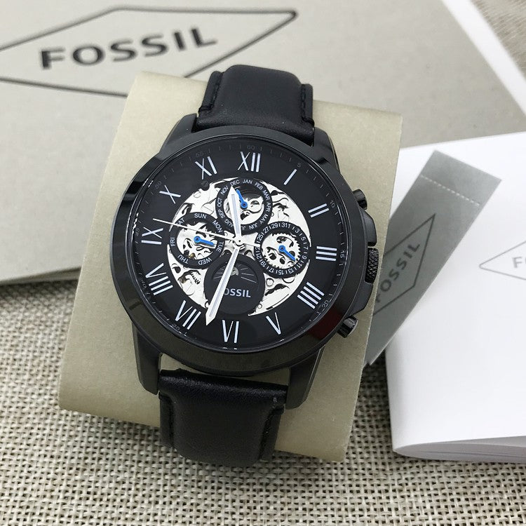 Fossil Grant Automatic Black Dial Leather Strap Men's Watch ME3028