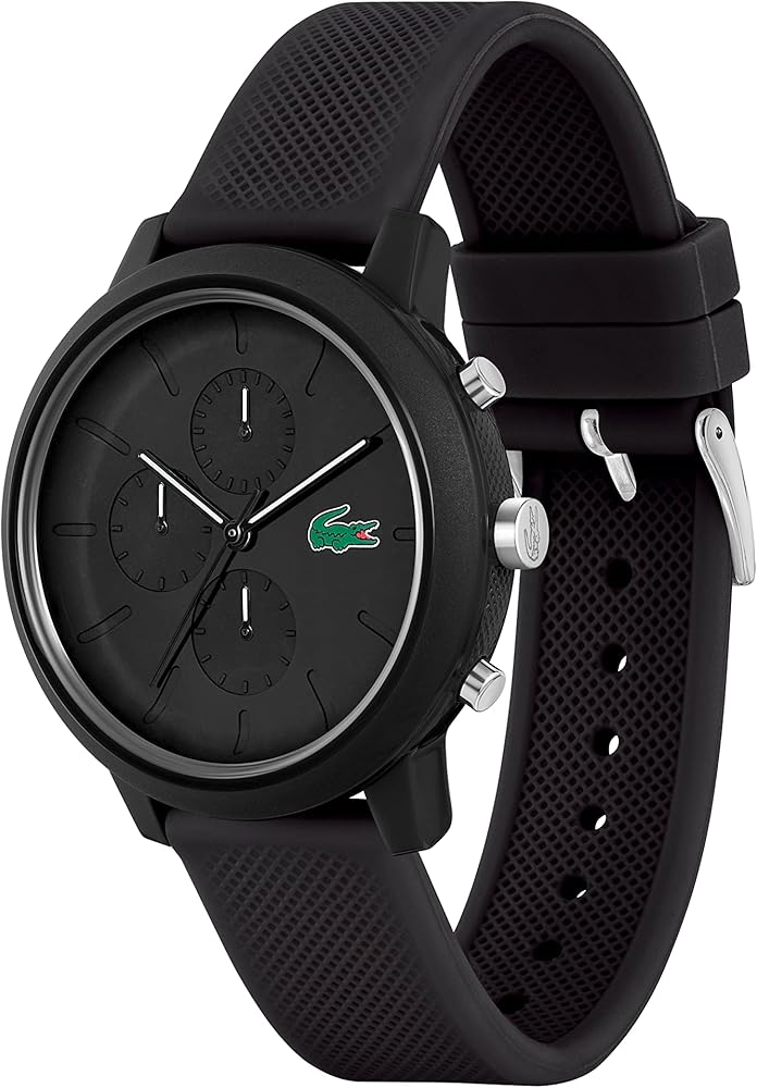 Lacoste 12.12 chronograph watch side angle view showing black silicone strap