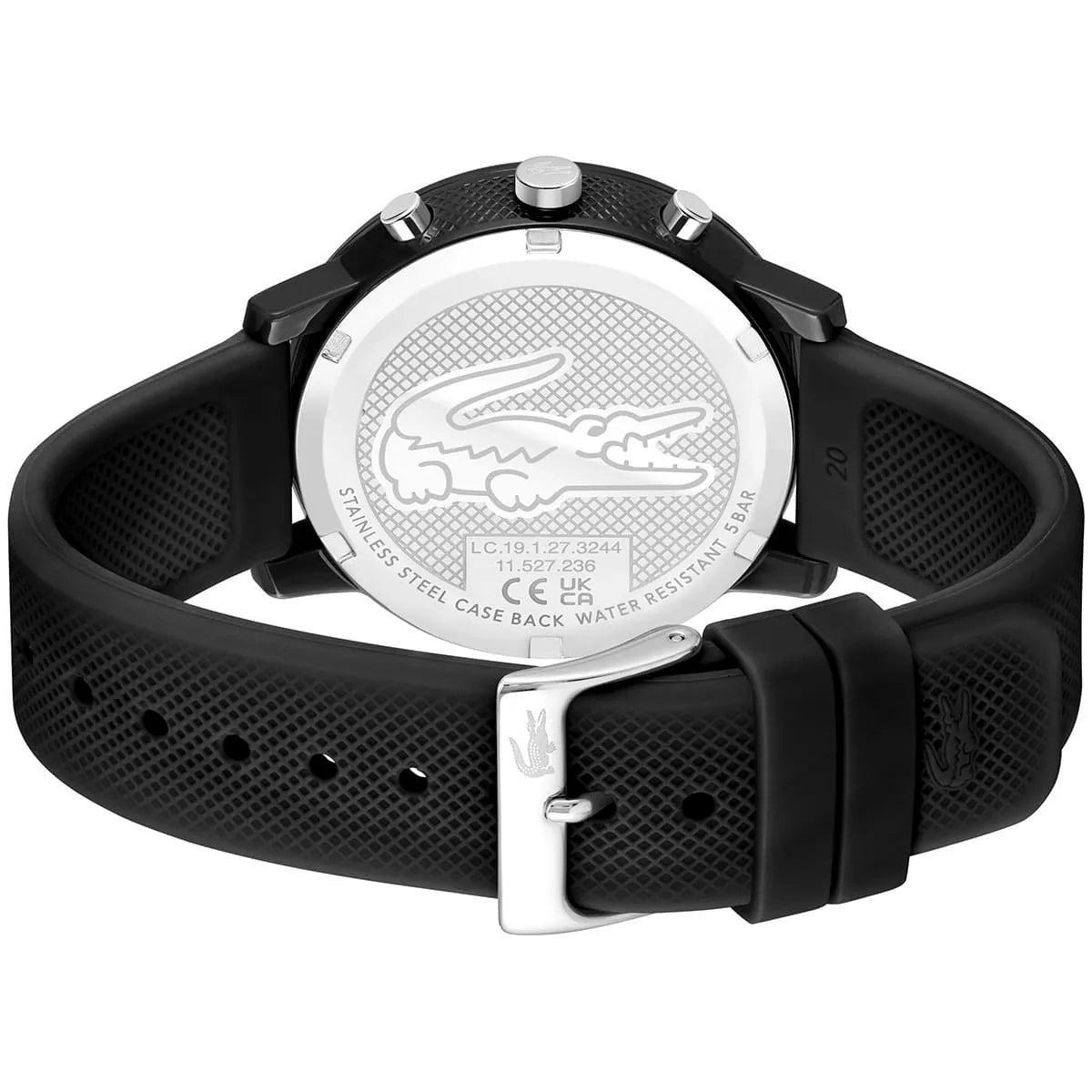 Lacoste 12.12 watch caseback showing crocodile logo and water resistance marking