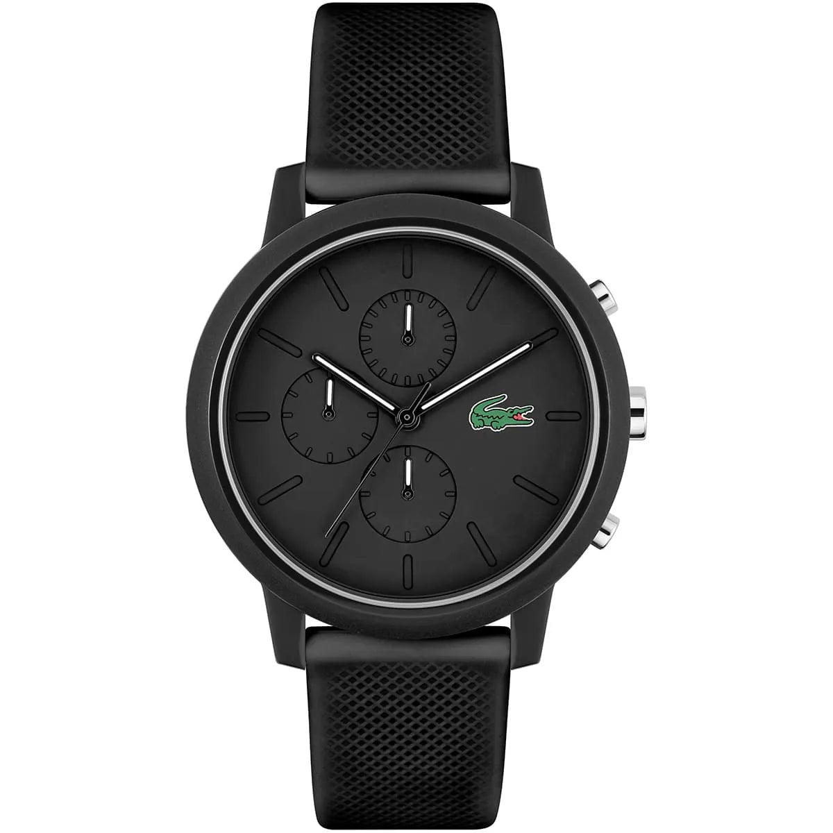 Lacoste 12.12 black chronograph watch with black dial and silicone strap