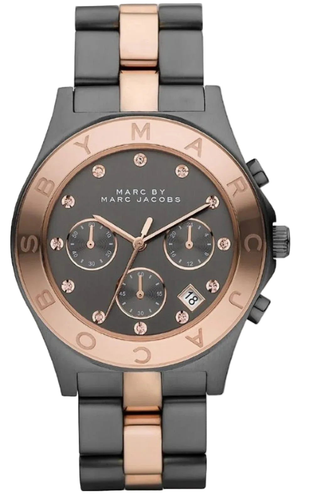 Marc by Marc Jacobs watch with rose gold and gray band on white background