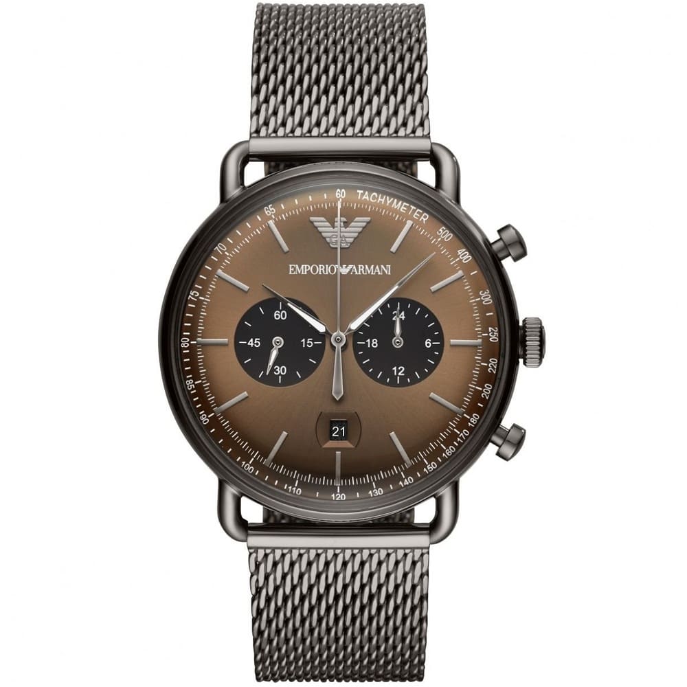 Emporio Armani Aviator Chronograph Brown Dial Silver Mesh Men's Watch - AR11141