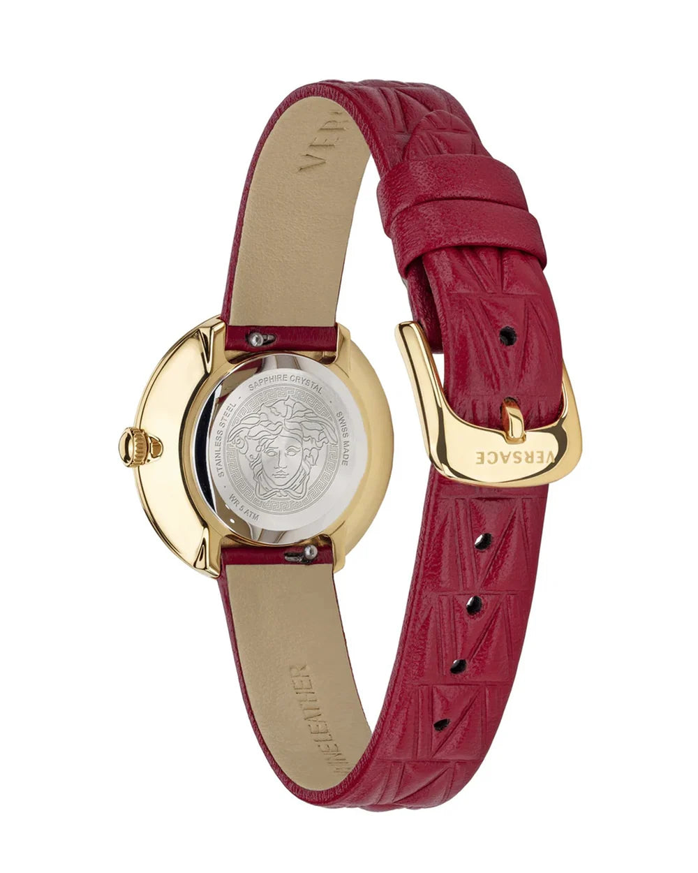 Versace Virtus Mini Quartz Gold Dial Red Leather Strap Watch For Women - VET300521