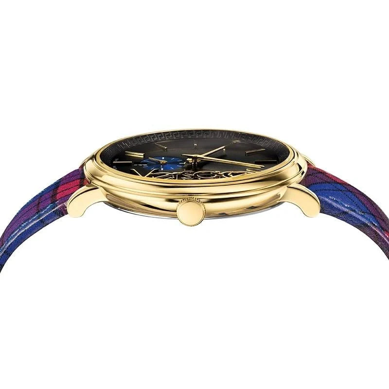Versace V-Circle Black Dial Blue Leather Strap Women's Watch - VE8100218