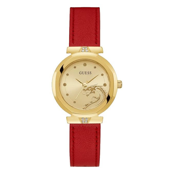 Guess Leather 34Mm Red Strap Champagne Dial Gold Tone Analog Womens Watch -  GW0646L1