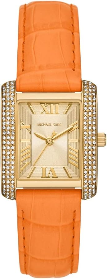 Michael Kors Emery Pavé Gold-Tone and Orange Leather Strap Women's Watch - MK2983