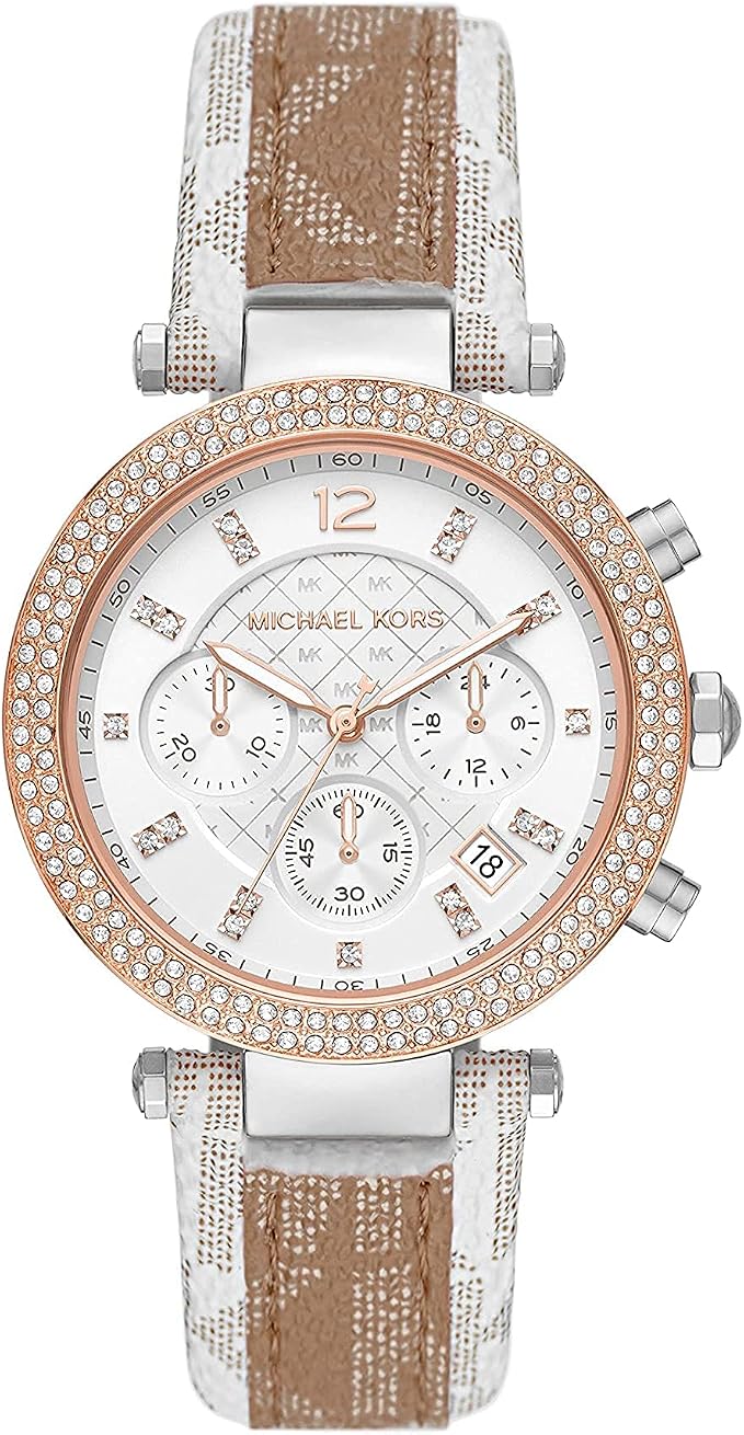 Michael Kors Parker Pavé Two-tone Signature-Print PVC and Leather Strap Watch - MK6950