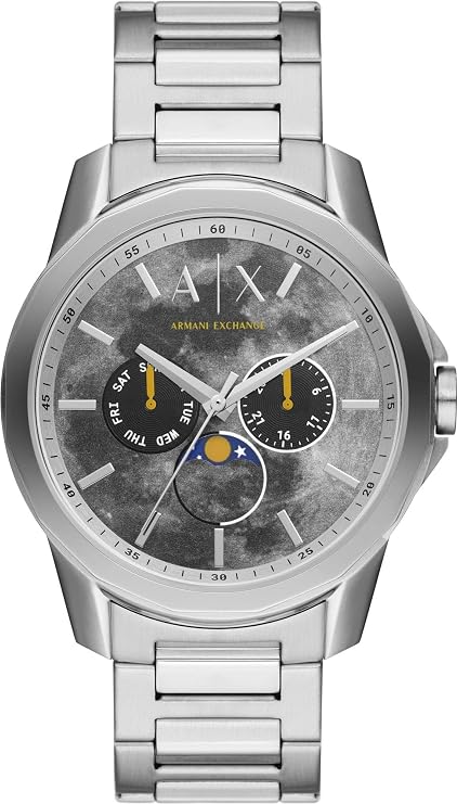 Armani Exchange men's watch featuring a silver stainless steel case and link bracelet, with a textured gray dial, black sub-dials, and gold accents.