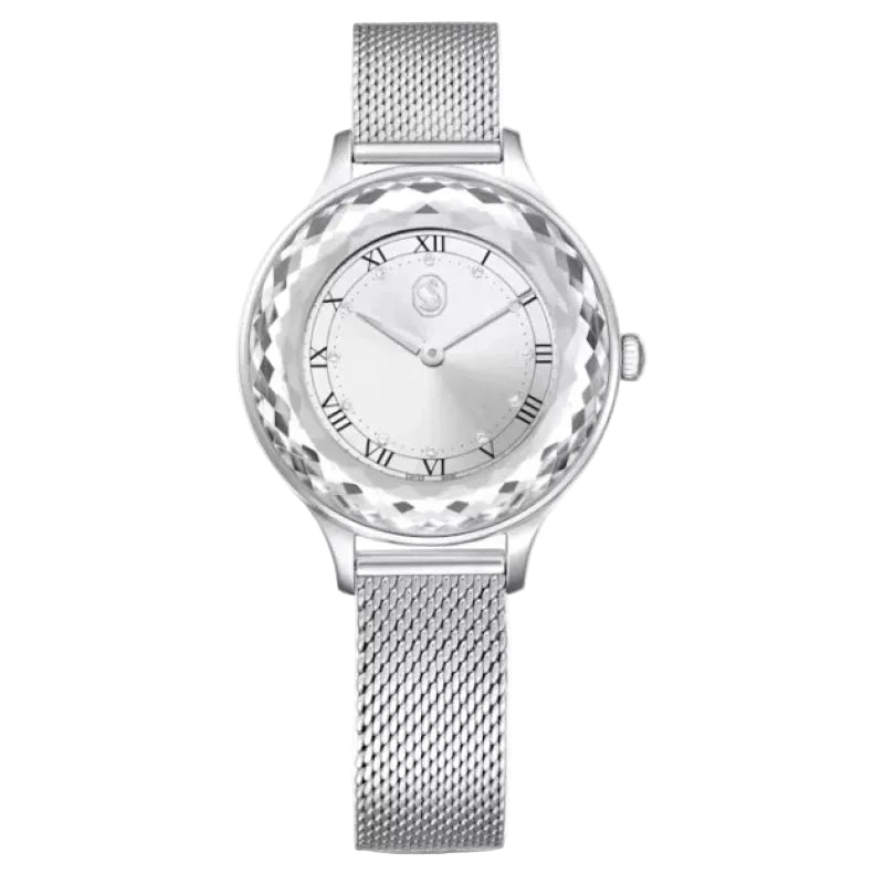 Silver watch with mesh band on a white background