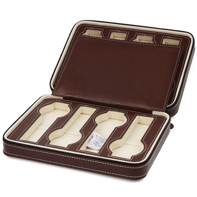 PU Leather 2/4/8 Slots Zipper Closure Watch Storage Box