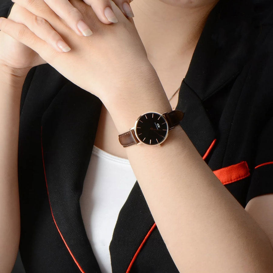 Daniel Wellington Petite Bristol 28mm Black Dial Brown Genuine Leather Women's Watch - DW00100221