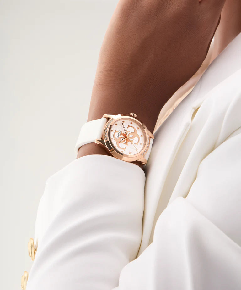 GUESS Ladies White Rose Gold Tone Analog Watch  - GW0860L4