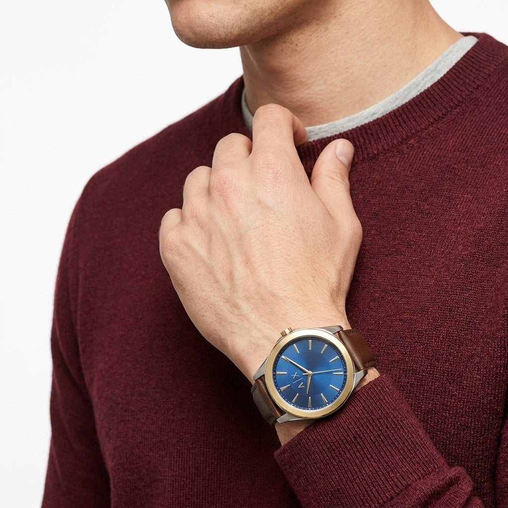 A close-up of a man wearing a gold-tone wristwatch with a blue dial and brown leather strap, styled with a burgundy sweater over a light gray t-shirt.