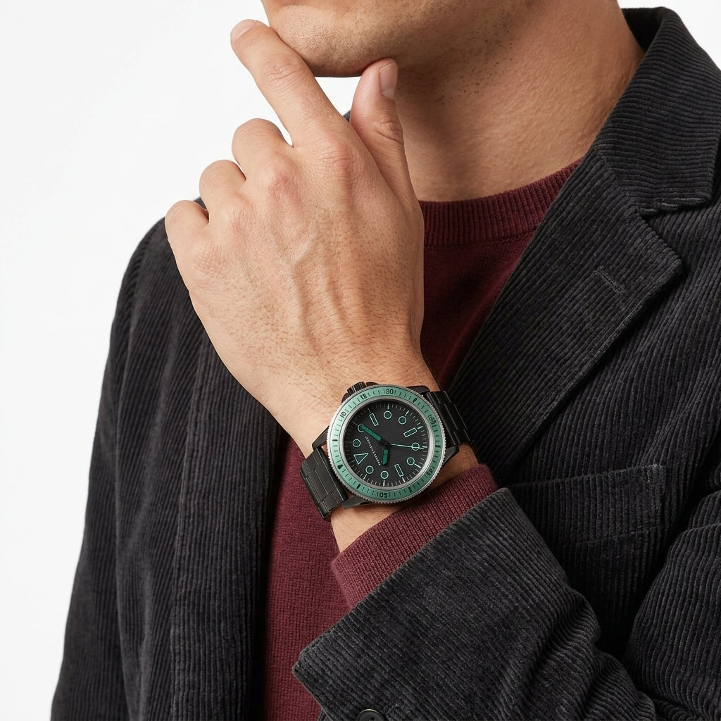 A close-up of a man wearing a black watch with a green bezel and black strap, styled with a dark gray corduroy blazer and a burgundy shirt.