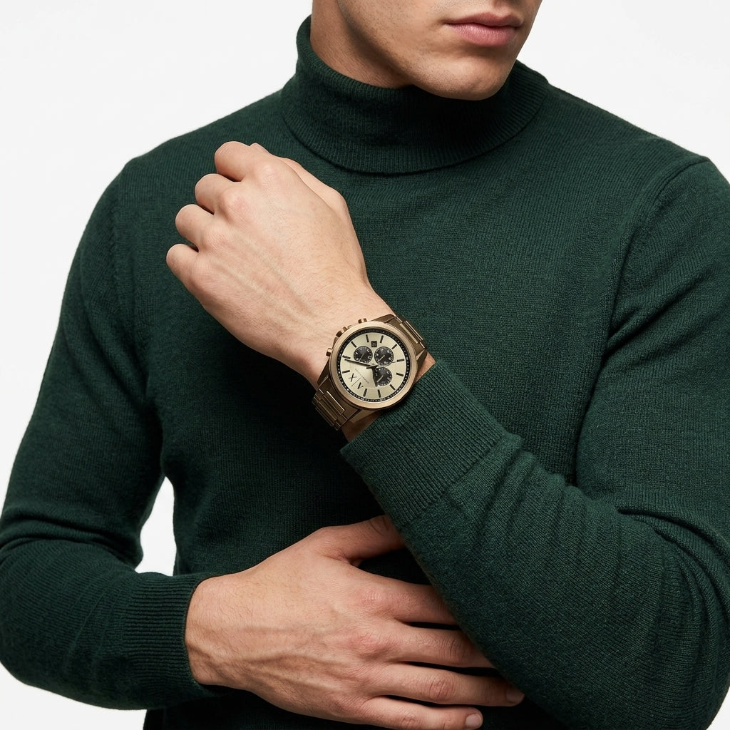 A man wearing a dark green turtleneck sweater and a bronze-toned wristwatch with a beige dial, shown from the chest up against a light gray background.