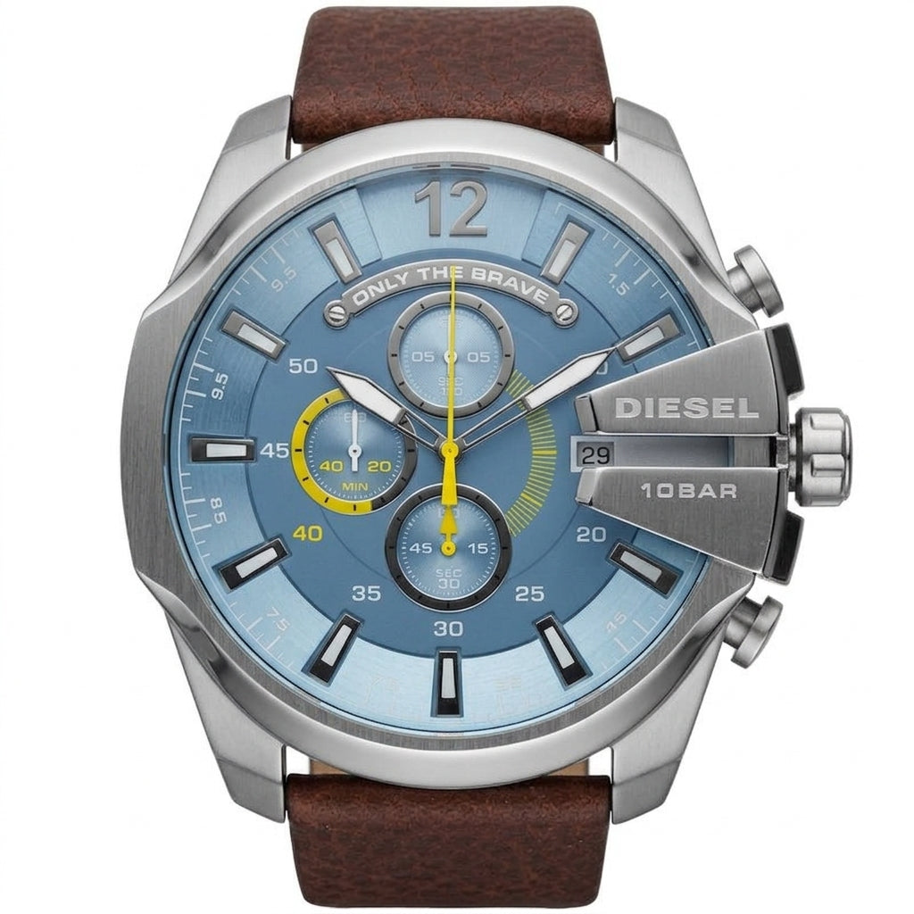Diesel Mega Chief Light Blue Dial Brown Leather Men's Watch DZ4281