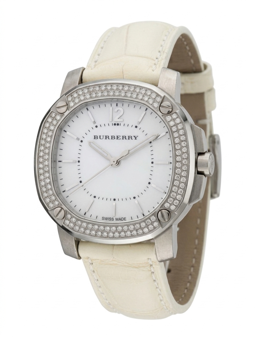 Burberry The Britain Diamond Bezel Mother of Pearl Dial White Leather BBY1800