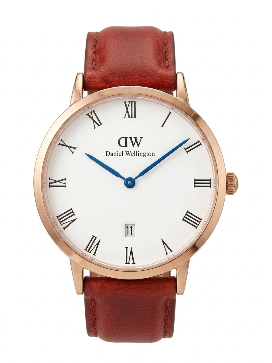 Daniel Wellington Dapper 38mm White Dial Brown Genuine Leather Gold Date Watch - DW00100086
