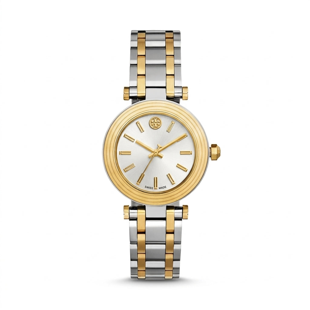 Tory Burch Classic T Watch Two Tone Yellow Gold Silver Women's Watch TBW9014