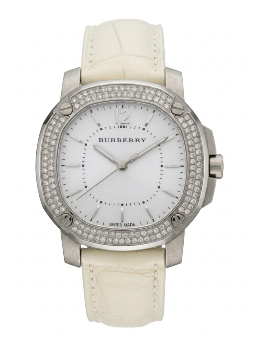 Burberry The Britain Diamond Bezel Mother of Pearl Dial White Leather BBY1800
