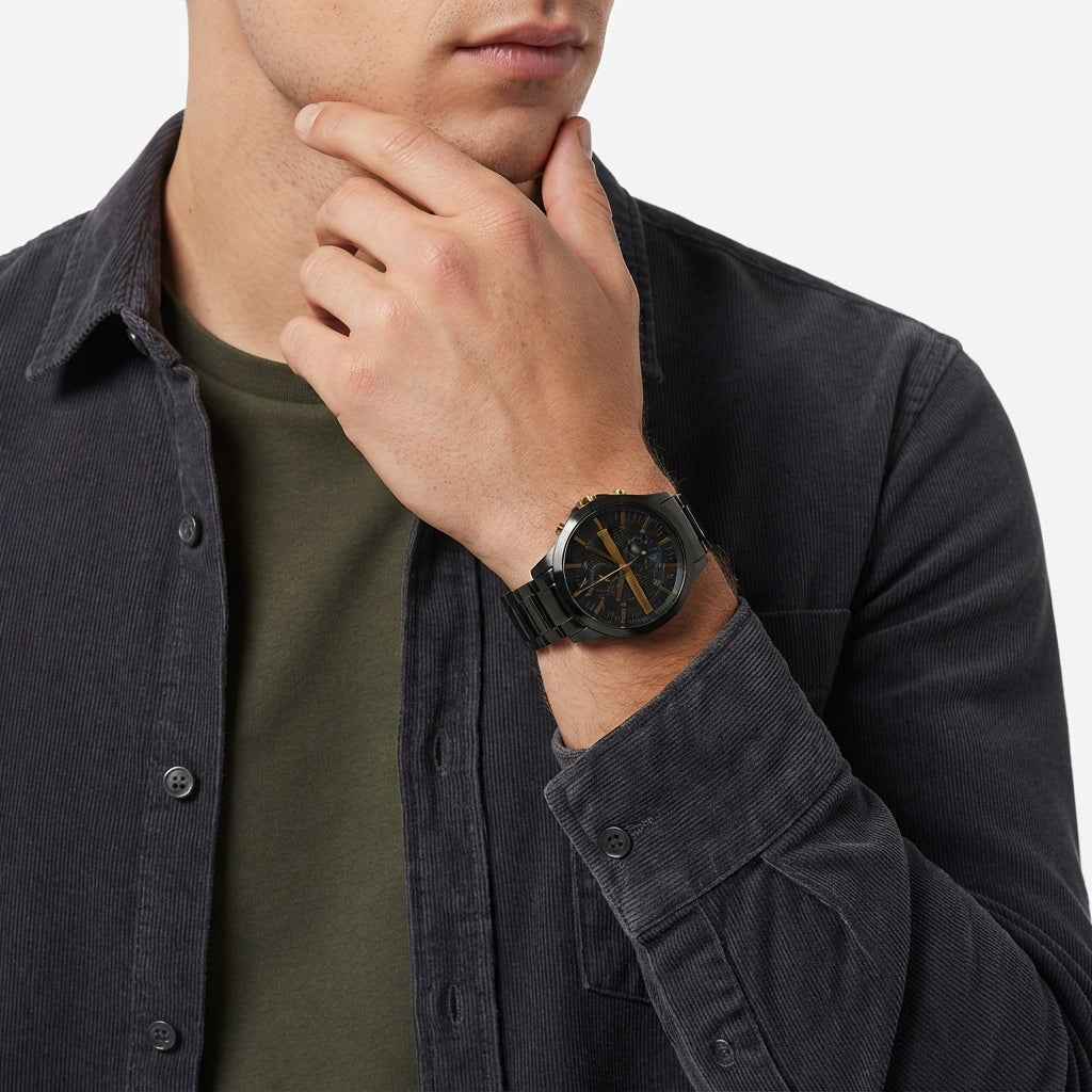A man wearing a black smartwatch with a black strap and gold-toned details, styled with a dark charcoal corduroy shirt over an olive green t-shirt, against a clean white background.