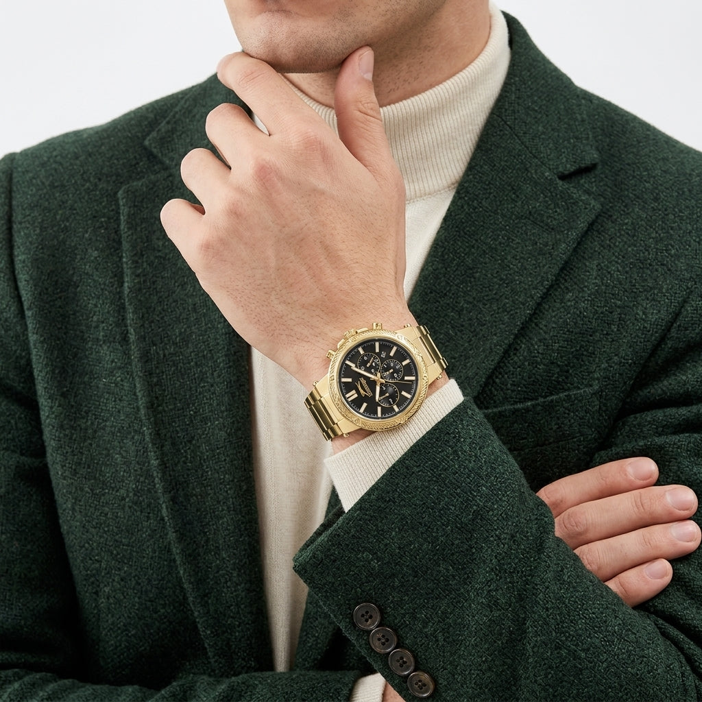 A close-up of a man wearing a gold-tone chronograph watch with a black dial, styled with a dark green blazer and a cream ribbed turtleneck sweater.