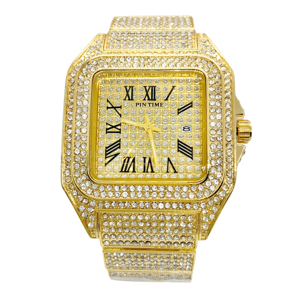 Big Daddy Square Bling Gold Watch