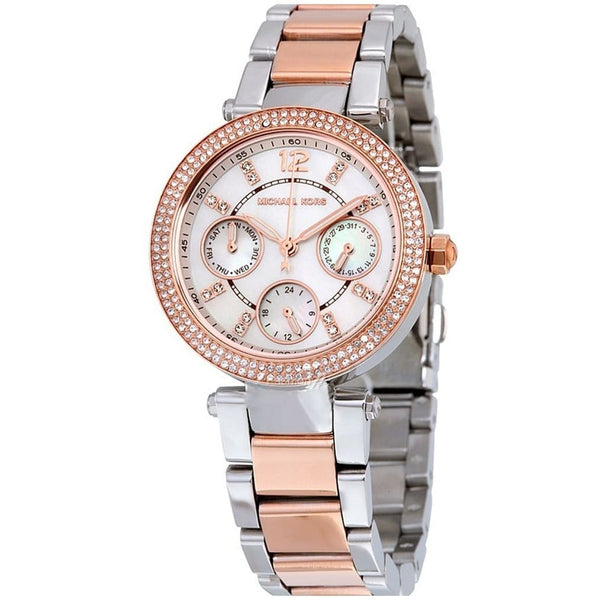 Michael Kors Mini Parker Silver Dial GMT Two Tone Stainless Steel Ladies Watch MK6306 (DEFECT)