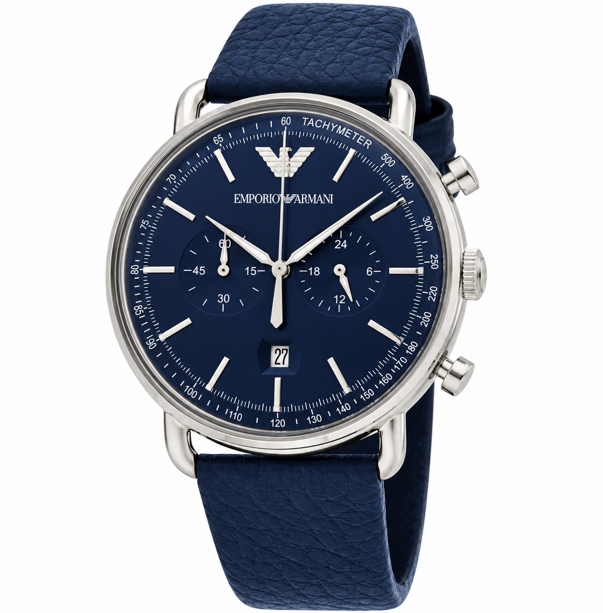 Emporio Armani Aviator Chronograph Blue Dial Navy Blue Genuine Leather Watch - AR11105