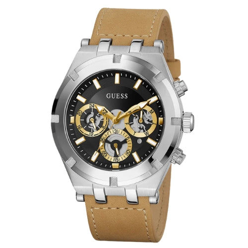 Guess Silver Tone Case Beige Leather Strap Men's Watch GW0262G1